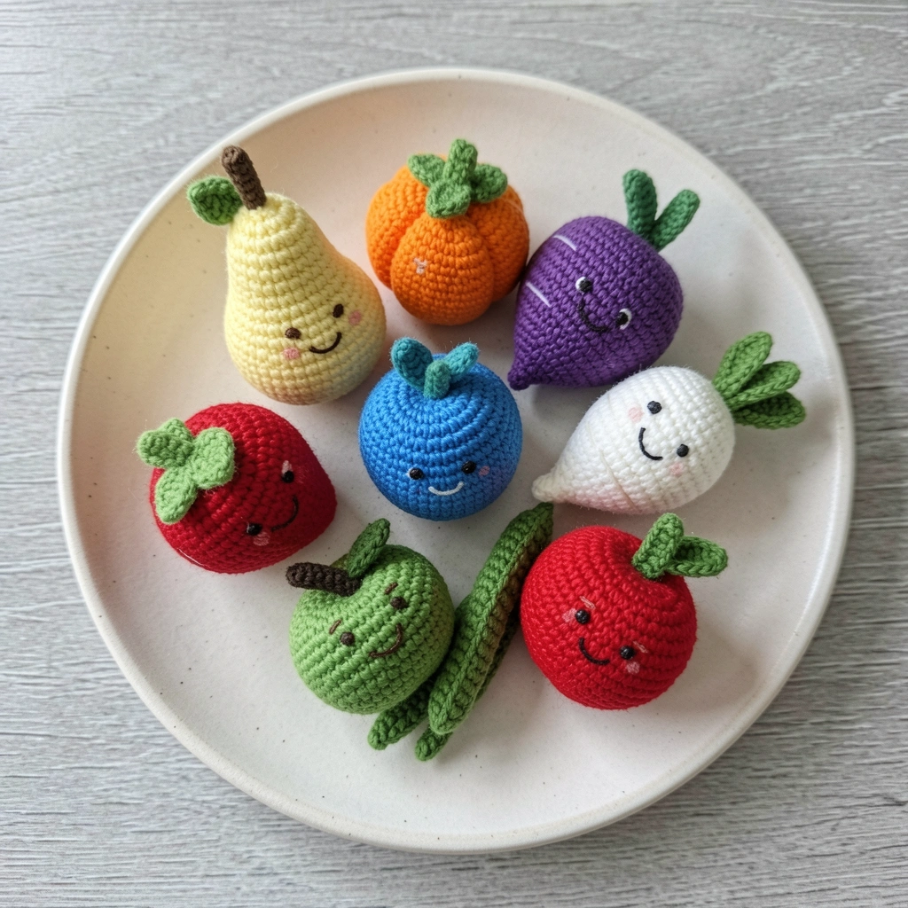 Amigurumi de frutas variadas sobre mesa de madeira clara, com luz natural vinda de janela ao fundo.