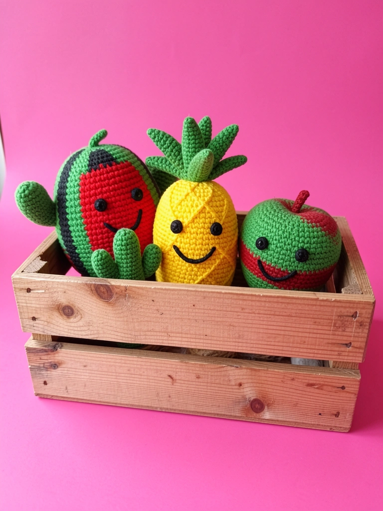 Mão segurando frutas amigurumi de crochê sobre mesa de madeira