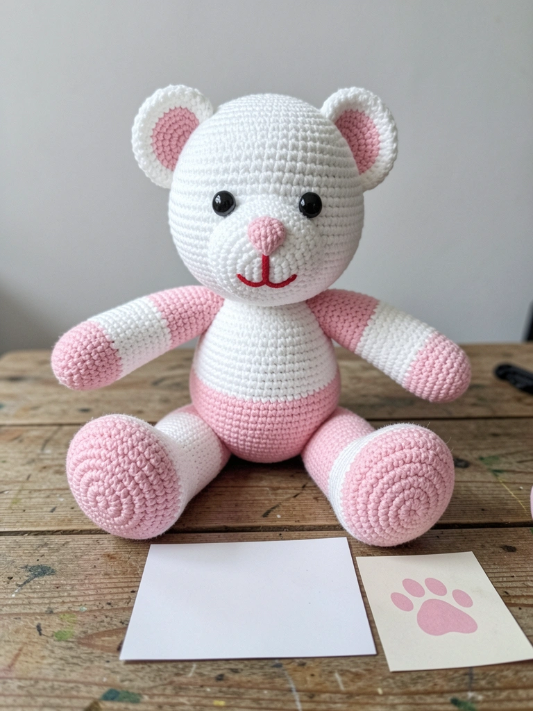 Gatinha amigurumi de crochê com olhos de segurança coloridos sobre mesa de artesanato