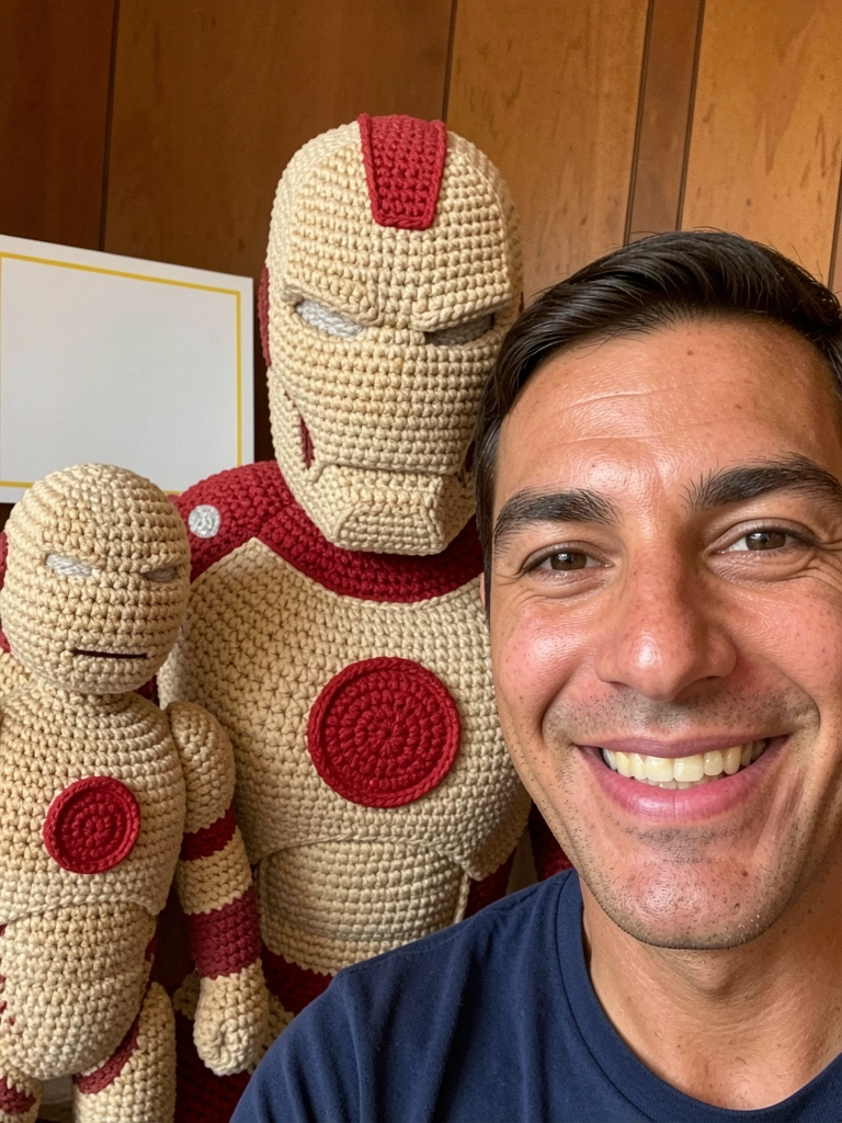 Boneco de crochê do Homem de Ferro com armadura vermelha e dourada, em fundo neutro claro.