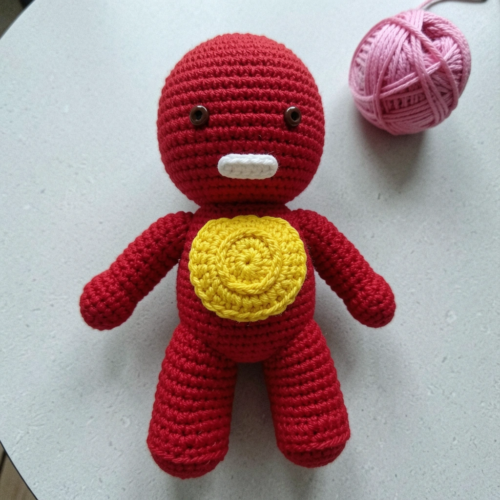 Boneco de crochê do Homem de Ferro com armadura vermelha e dourada, em pé sobre uma mesa de madeira, com fundo desfocado.