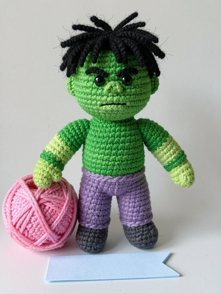Boneco de crochê verde do Hulk em mesa de madeira clara, com fio de lã e agulha ao lado