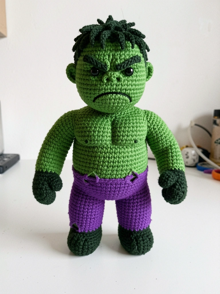Hulk amigurumi de crochê verde com olhos e boca em feltro preto, sentado sobre uma mesa de madeira clara, com luz natural lateral.