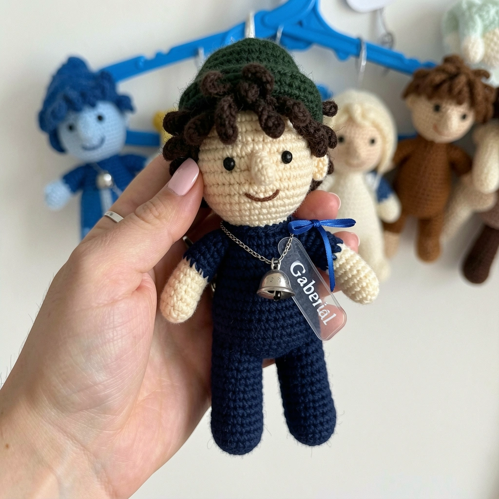 Lembrancinha amigurumi em formato de urso, feita em crochê, sobre uma mesa de madeira clara com fundo desfocado
