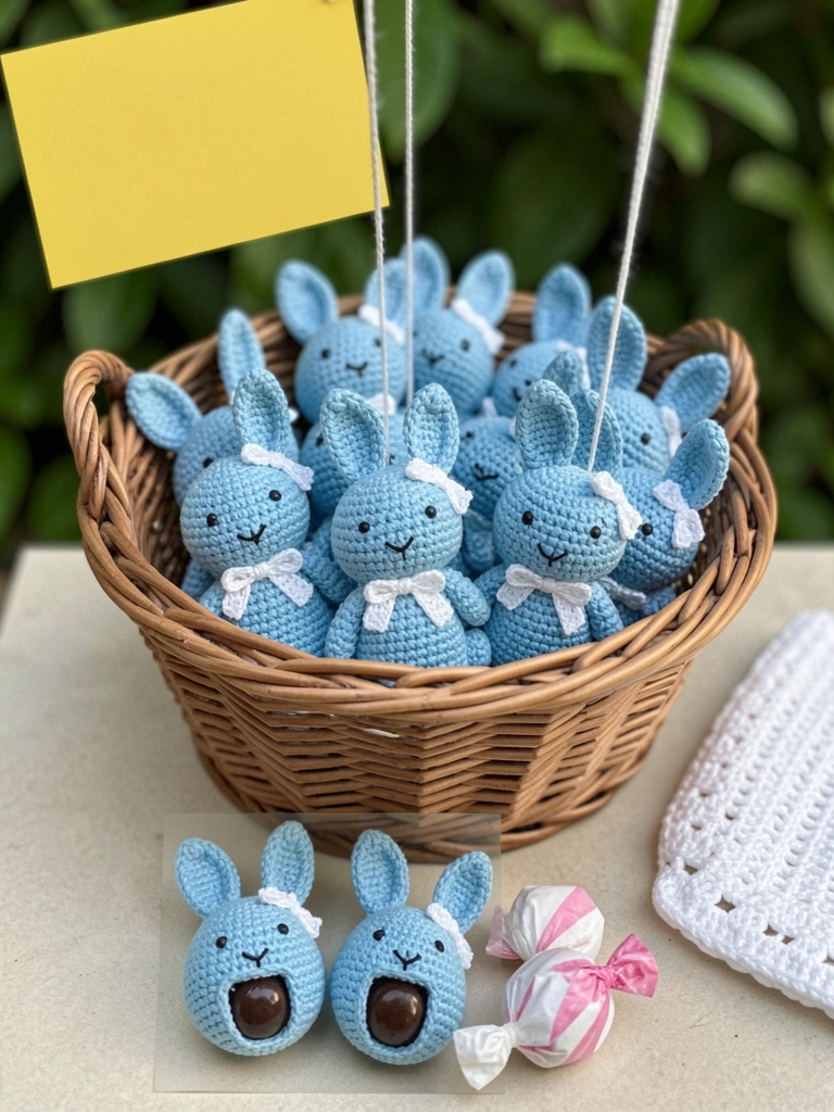 Lembrancinha amigurumi de urso em crochê, tons pastel, sobre mesa de madeira clara com fundo desfocado.