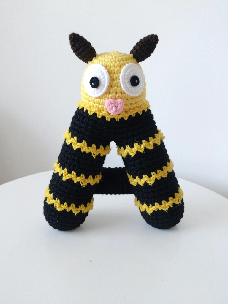 Letras coloridas em amigurumi sobre uma superfície de madeira clara, com luz natural suave.