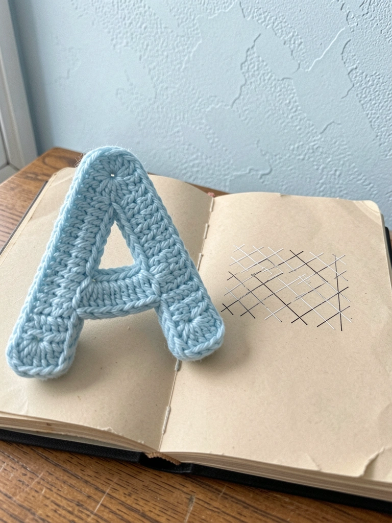 Letras coloridas em amigurumi sobre mesa de madeira, com fios de lã e agulha ao fundo