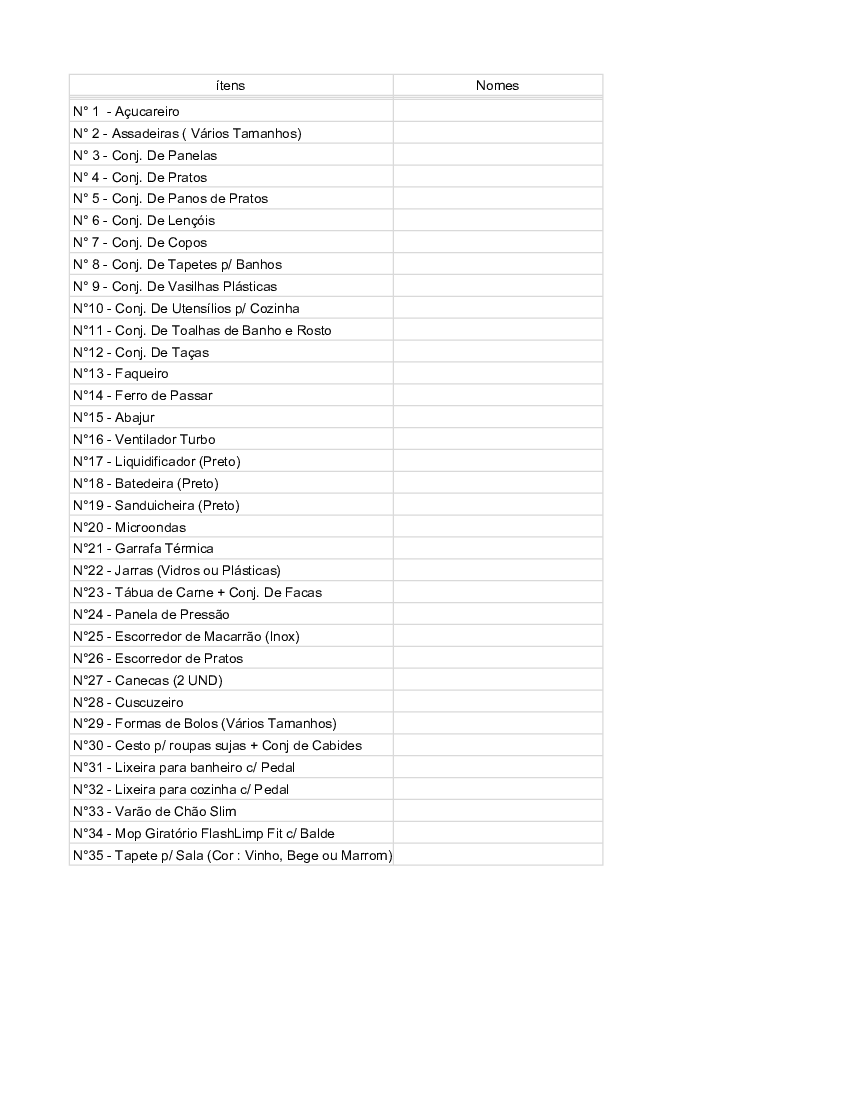 lista de presentes para casa nova