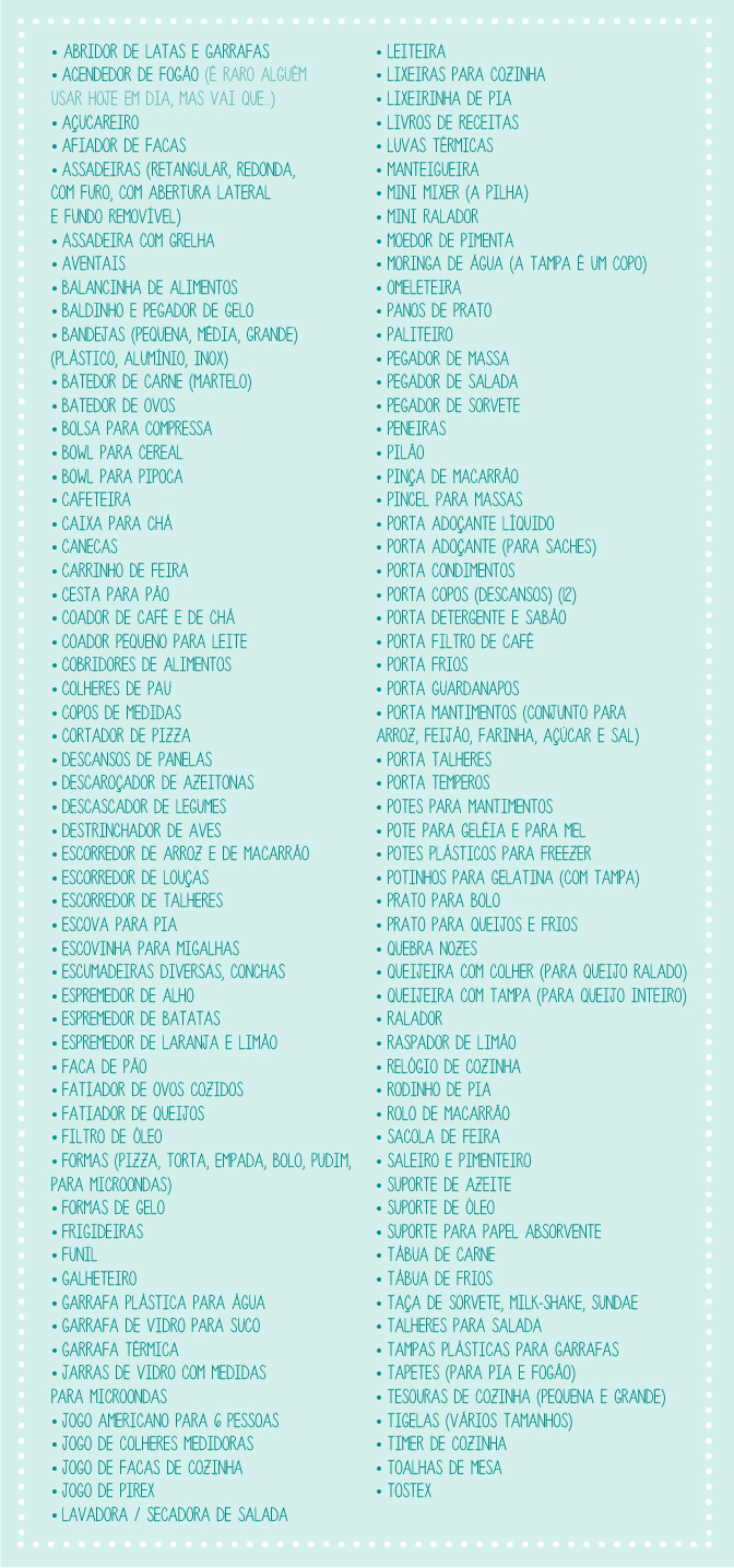 organização lista chá de cozinha