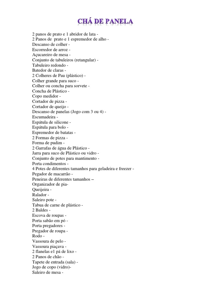 itens essenciais chá de panela word