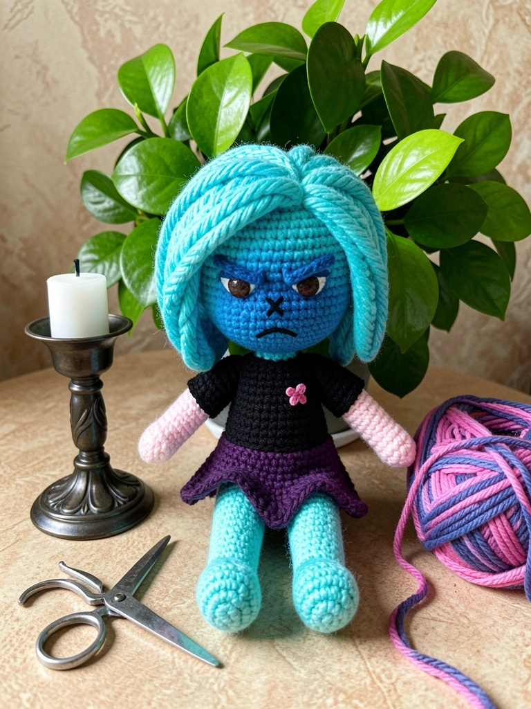 Bonecos de crochê de personagens de LOL sobre uma mesa de madeira
