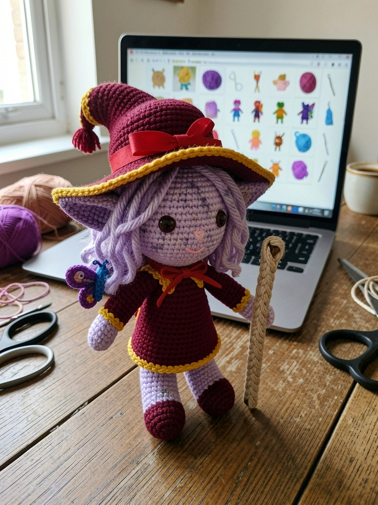 Pessoa pesquisando padrões de amigurumi em um laptop, com linhas e agulhas de crochê sobre a mesa