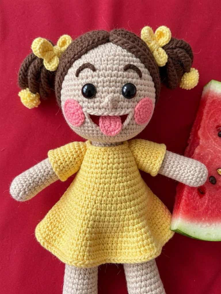 Boneca de crochê Magali sorrindo, com laço rosa e uma fatia de melancia na mão.