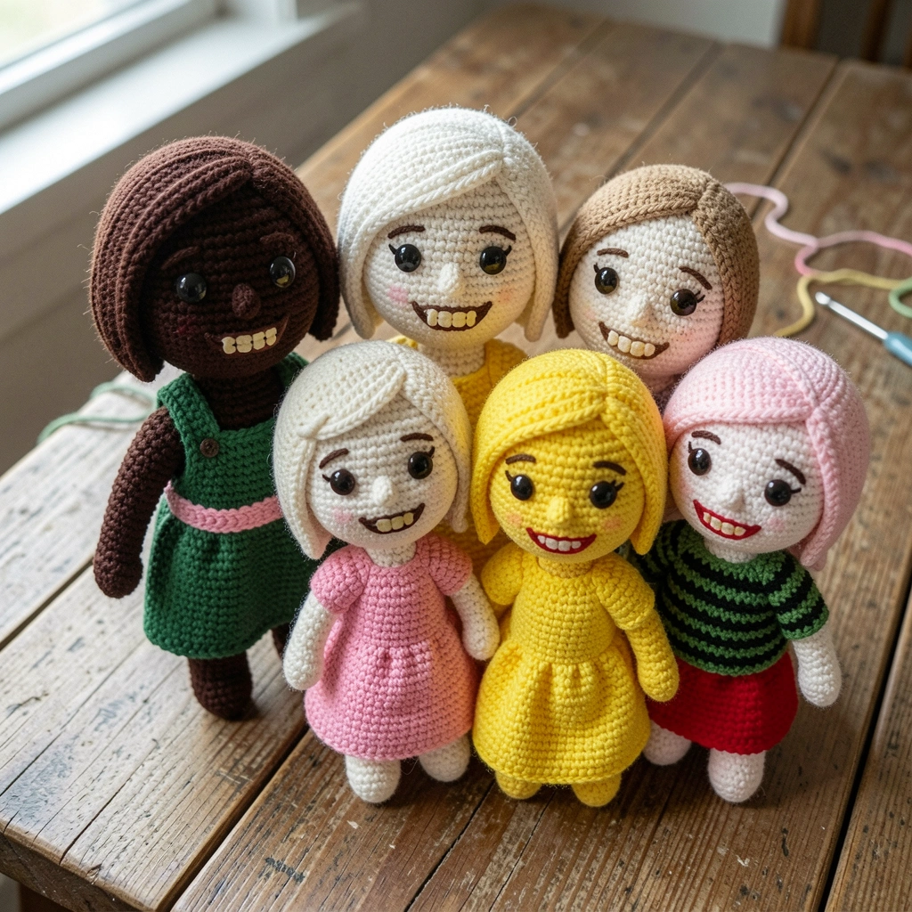 Bonecos de amigurumi variados sobre uma mesa de madeira
