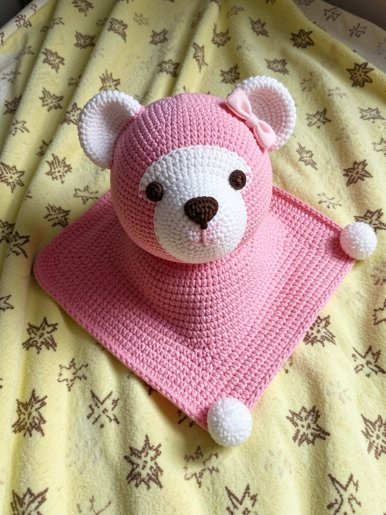 Manta de apego amigurumi de urso sobre fundo pastel, com enxoval de bebê ao redor