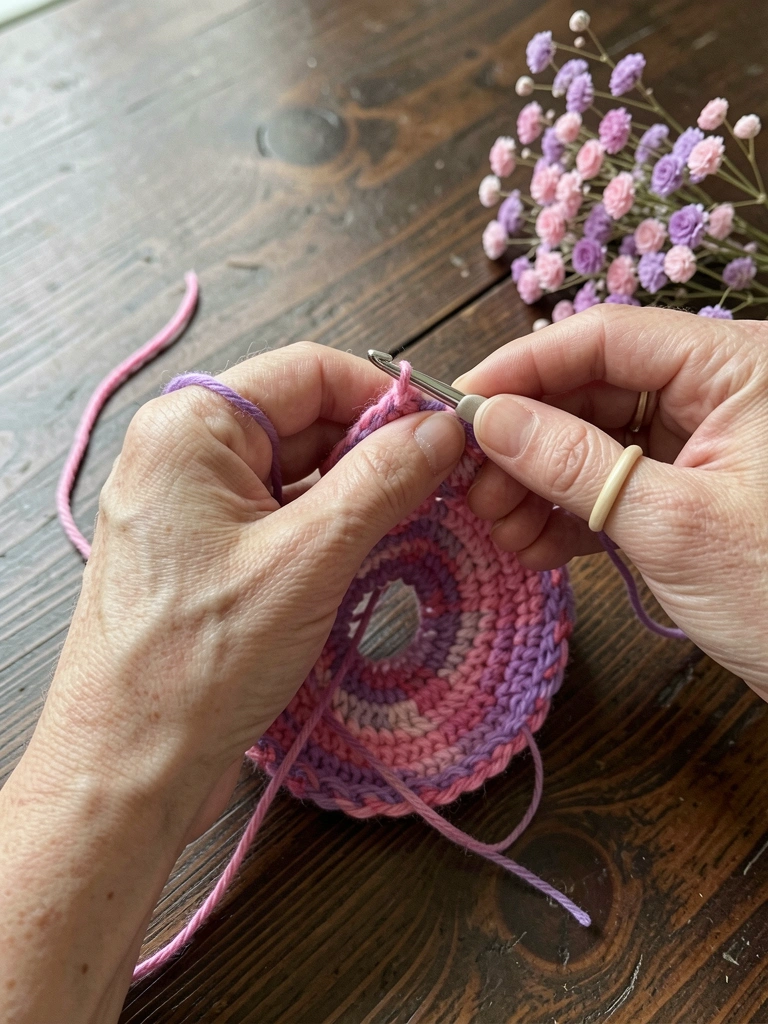Mãos artesãs trançando um anel colorido com fio de algodão