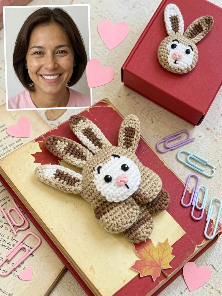 Marcador de página amigurumi em formato de coelho sobre um livro aberto