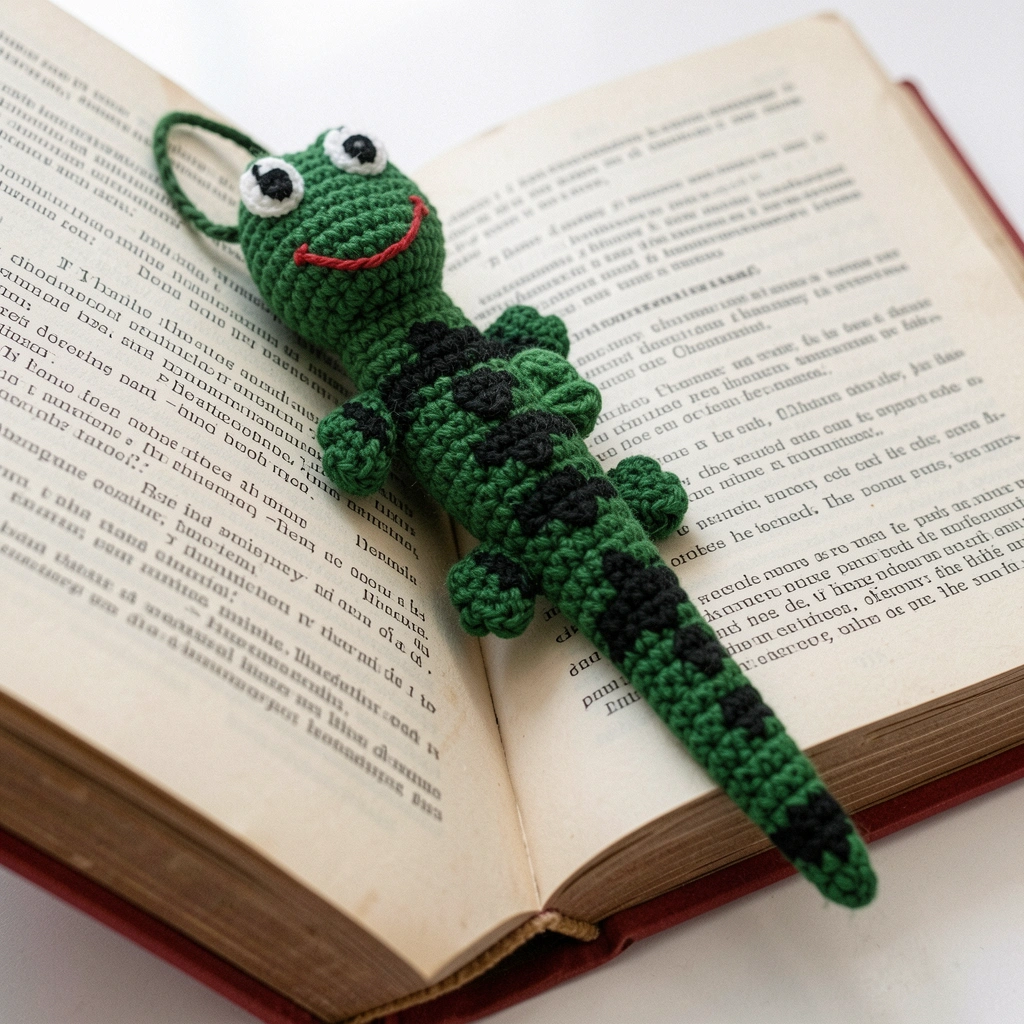 Marcador de livro amigurumi sorridente entre páginas de um livro aberto.