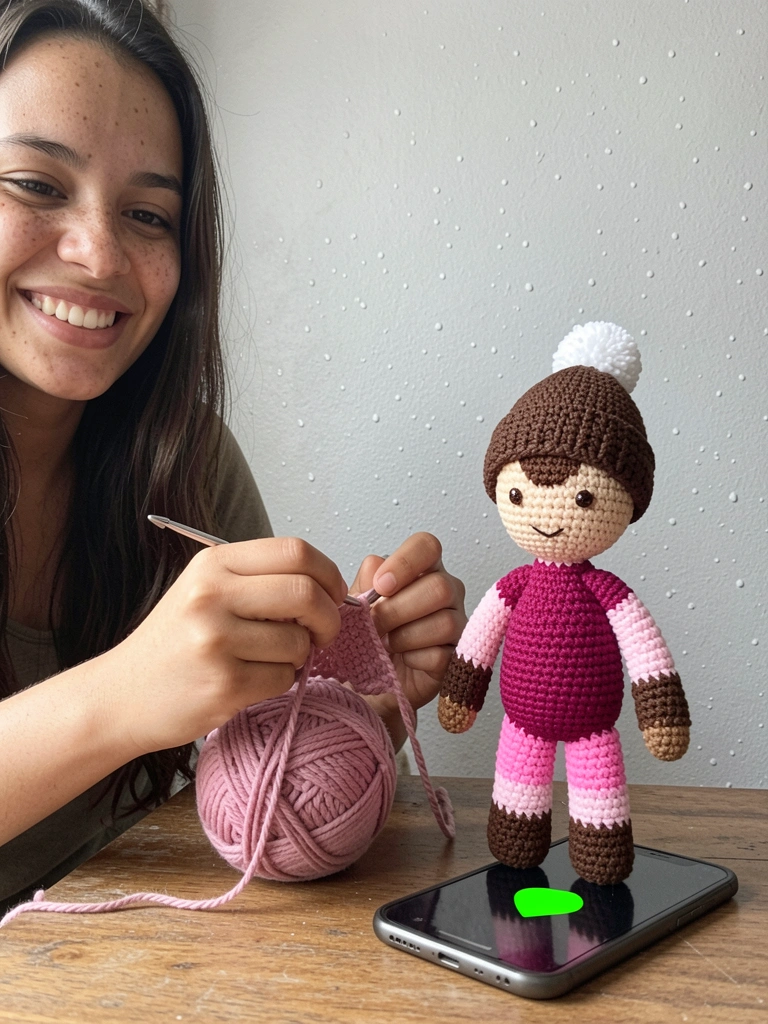 Mãos segurando agulha de crochê e fio de algodão, início de trabalho manual.