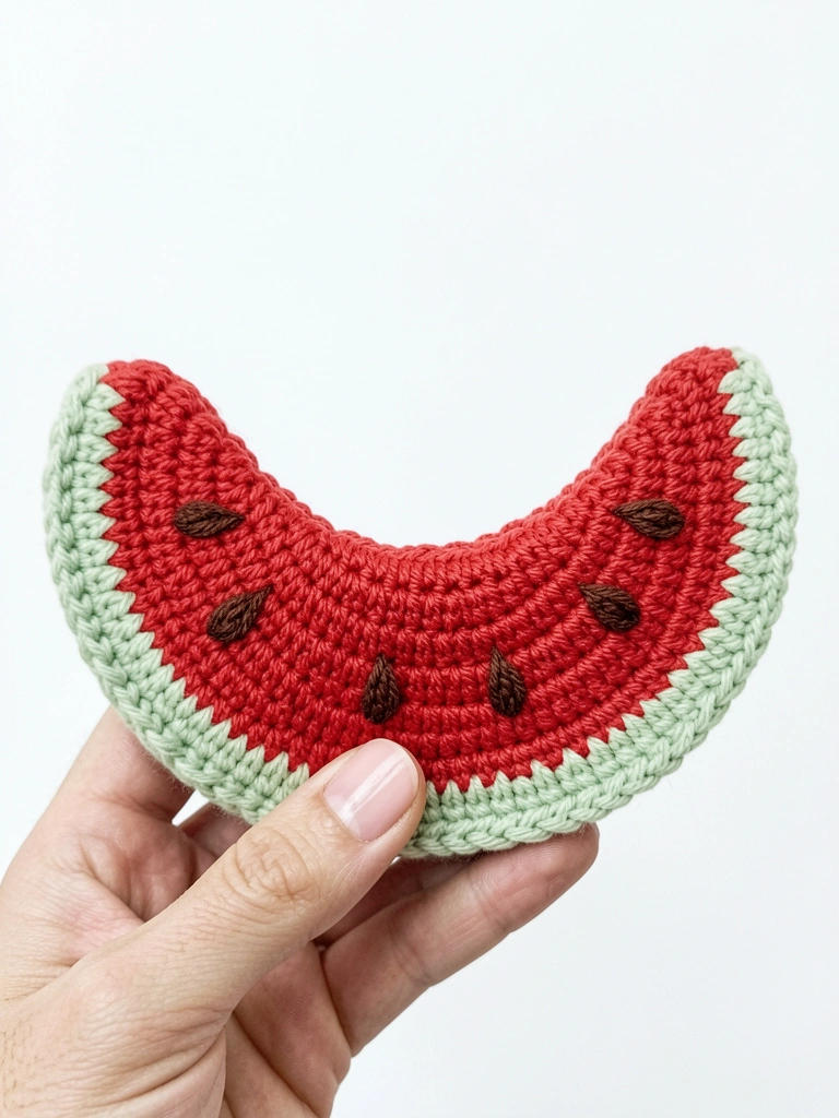 Melancia amigurumi de crochê com detalhes em verde, branco e vermelho sobre superfície de madeira clara, iluminação suave