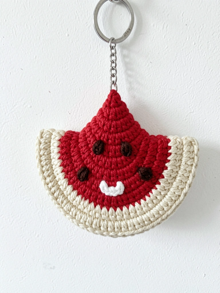 Amigurumi de melancia com fatia e folhas verdes sobre fundo neutro