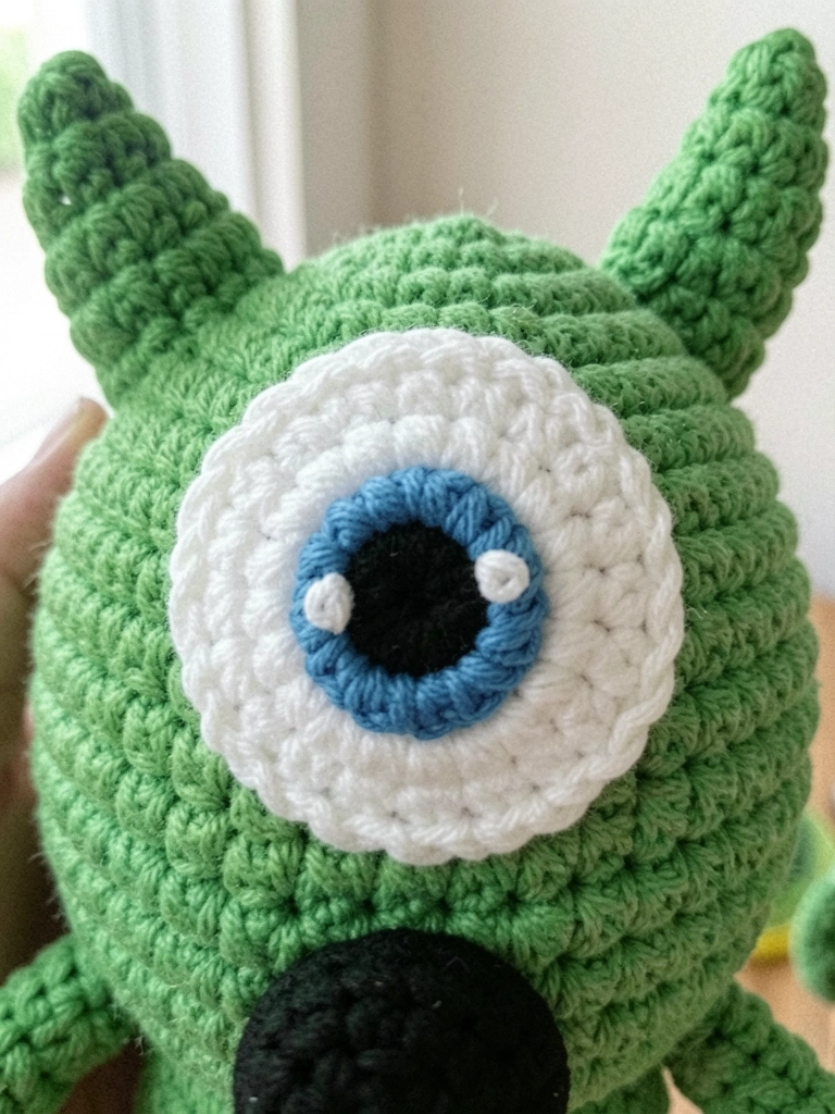 Close do olho grande e dos chifres de um boneco de crochê verde