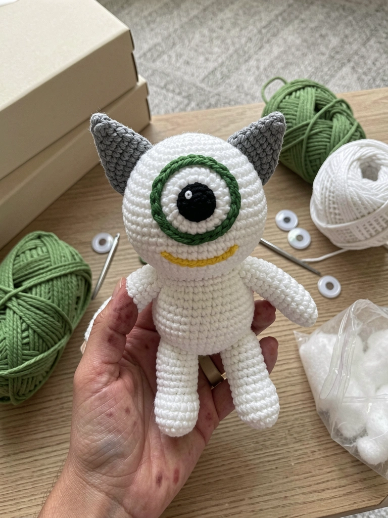 Mesa com fios de algodão coloridos, agulha, olhos de segurança e enchimento para amigurumi