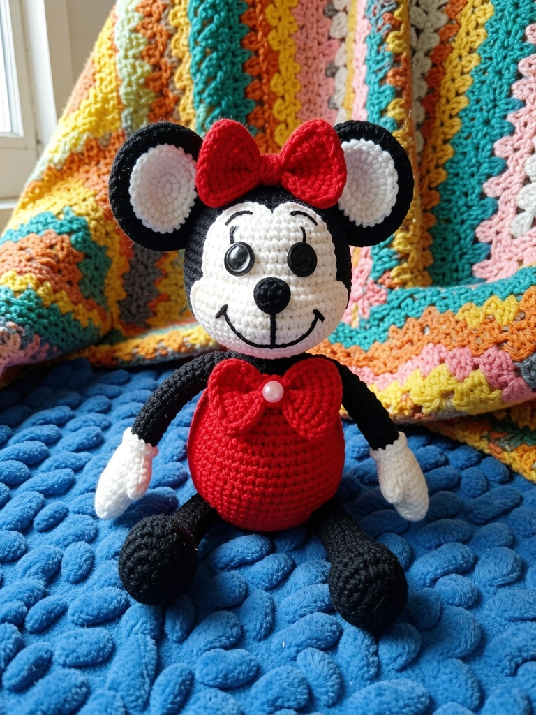 Boneca Minnie de crochê sorridente, sentada, com fundo colorido