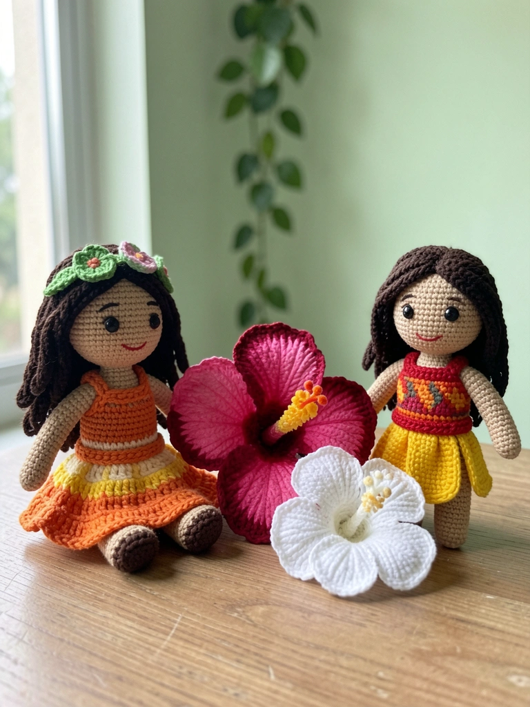 Boneca Moana amigurumi em crochê, com cabelos longos e ondulados, sobre fundo neutro claro.