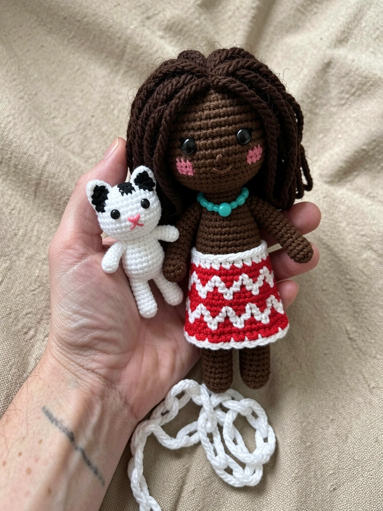 Boneco de crochê da Moana segurando um remo, com cabelos longos e saia de fibras naturais, sobre fundo neutro.