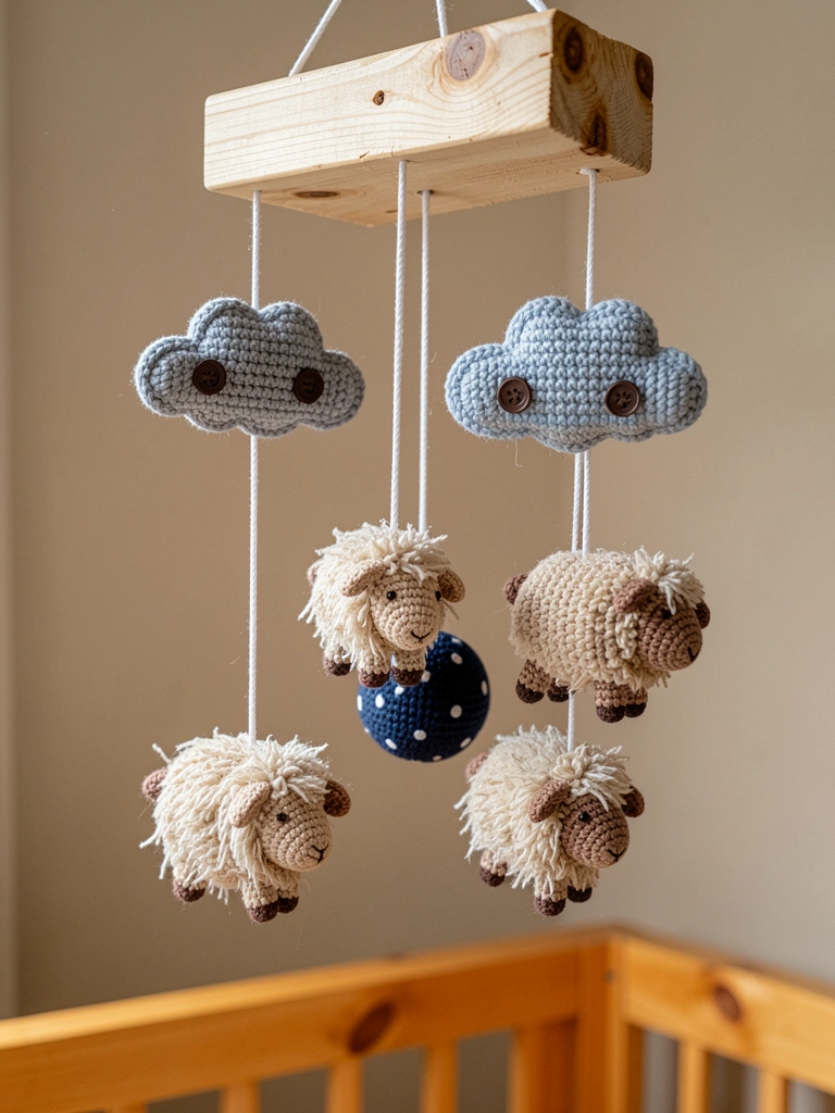 Móbile de berço com amigurumis de animais coloridos pendurados em fios de madeira