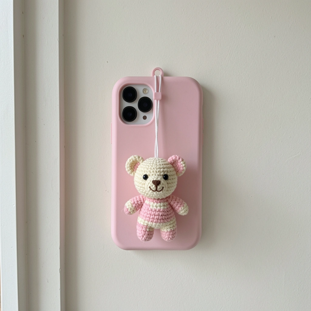 Amigurumi de urso pendurado em capinha de celular