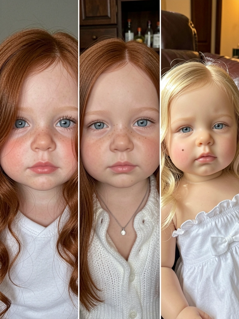 Boneca reborn com traços realistas, pele suave e olhar atento, em close-up