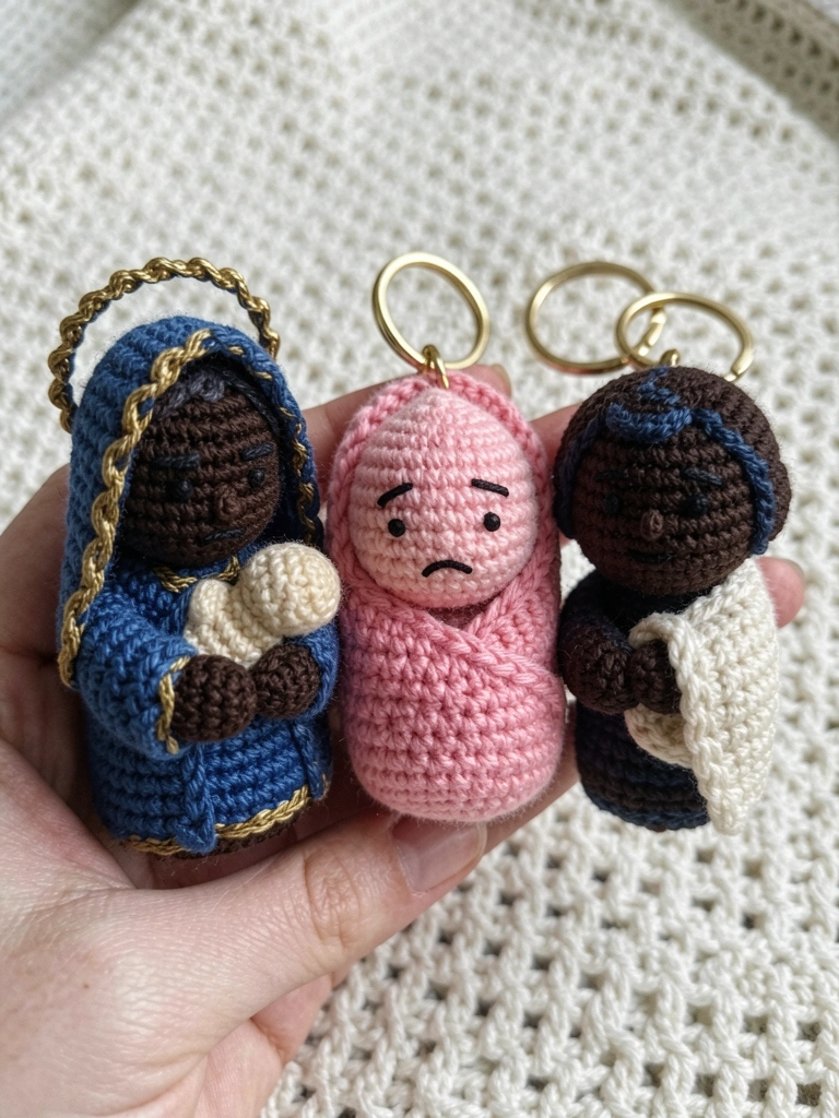 Amigurumi de Nossa Senhora com manto azul e auréola dourada, em ambiente religioso.