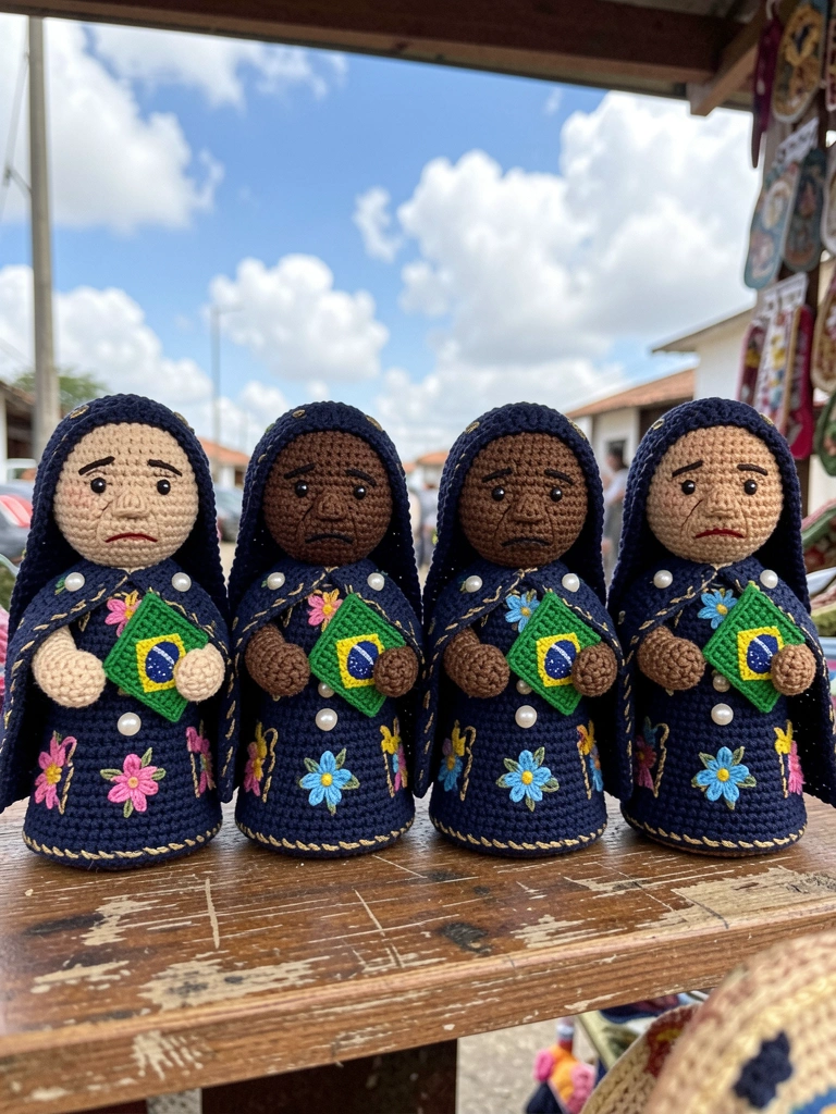 Banca de artesanato com amigurumis de santas em várias cores e tamanhos.