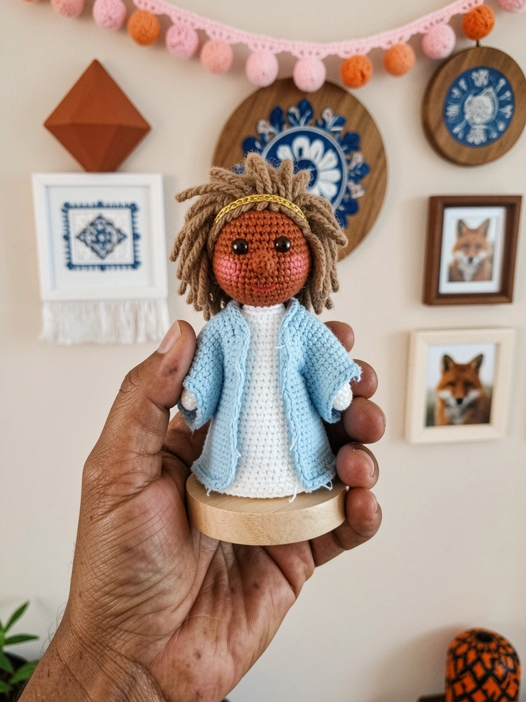 Amigurumi de Nossa Senhora das Graças com manto azul e branco, sobre fundo neutro