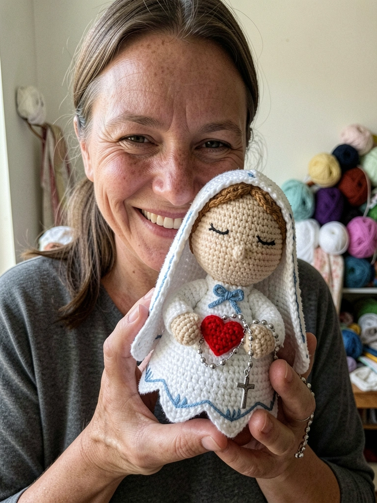Artesã segurando amigurumi de Nossa Senhora de Fátima com manto branco e detalhes em azul.
