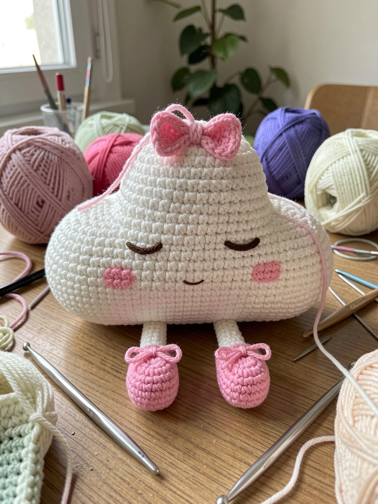 Mesa de artesanato com fios coloridos, agulhas e nuvem de amigurumi em crochê