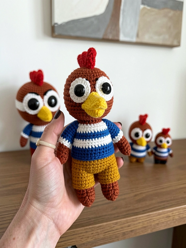 Amigurumis do Pica-Pau em três estilos: realista, chibi e miniatura, alinhados sobre uma mesa de madeira clara.