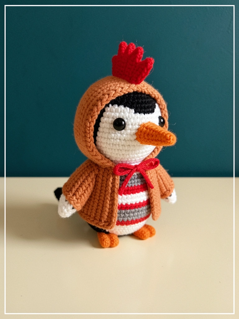 Amigurumi do Pica-Pau com crista vermelha, cores tradicionais e olhos expressivos