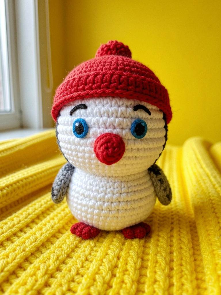 Amigurumi do Pica-Pau em estilo chibi, com cabeça grande e expressão fofa