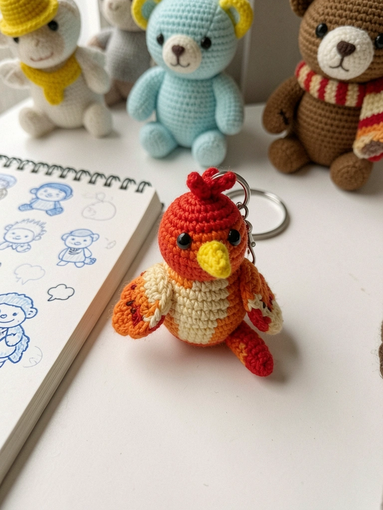 Chaveiro com pica-pau amigurumi em miniatura, com detalhes coloridos e argola de metal.