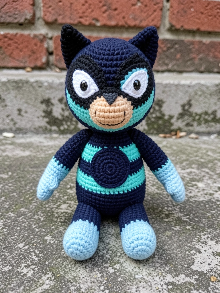 Bonecos de crochê dos PJ Masks sobre uma mesa de madeira com linhas coloridas ao fundo