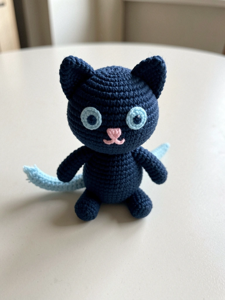 Bonecos de crochê dos PJ Masks sobre uma mesa de madeira, com luz natural vinda de uma janela ao fundo.