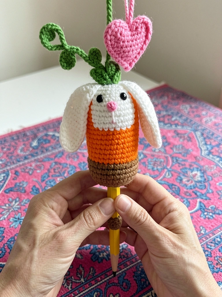 Ponteira de lápis amigurumi em formato de coelho, com orelhas longas e detalhes em crochê, sobre fundo colorido.