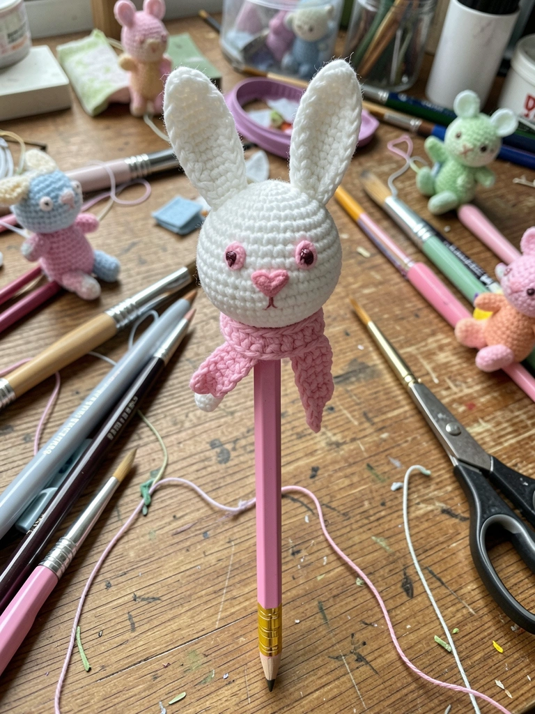 Ponteiras de amigurumi em formato de animais sobre canetas e pincéis em uma bancada de artesanato
