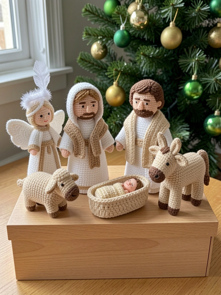 Presépio amigurumi com Maria, José, Jesus, animais e manjedoura em tons pastel.
