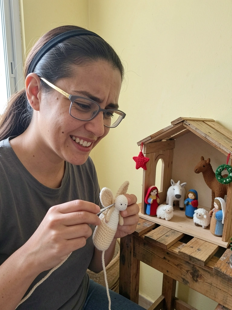 Mãos crochetando um anjo amigurumi ao lado de enfeites natalinos