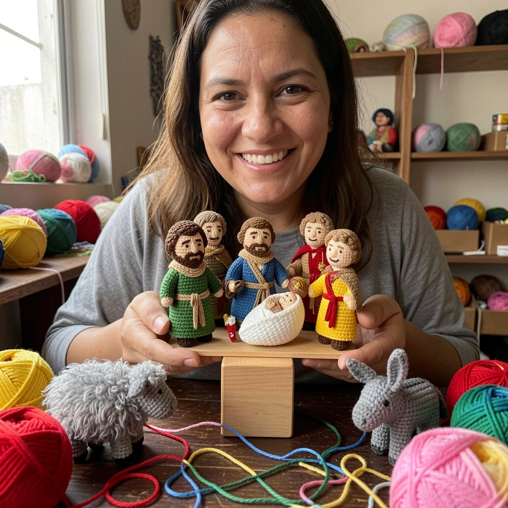 Artesã sorridente segurando presépio amigurumi, com linhas coloridas ao redor.