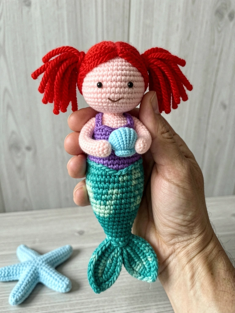 Boneca Ariel amigurumi com cabelos ruivos e cauda verde, em fundo neutro